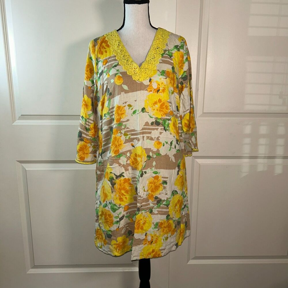 🟢 Isaac Mizrahi Live! Linen Blend Floral Dress Yellow Roses Size L Boho Tunic